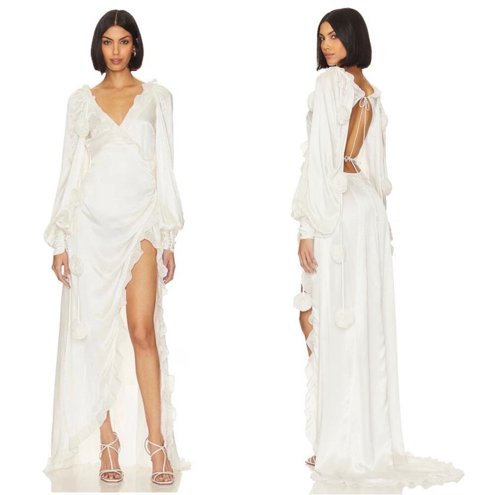 FOR LOVE & LEMONS Kendall Long Sleeve Rosette Ruffle Hem Bridal Maxi Gown Sz M